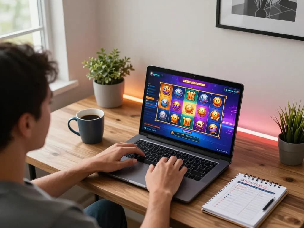 Engaged player exploring situs slot online on a laptop in a modern home setting