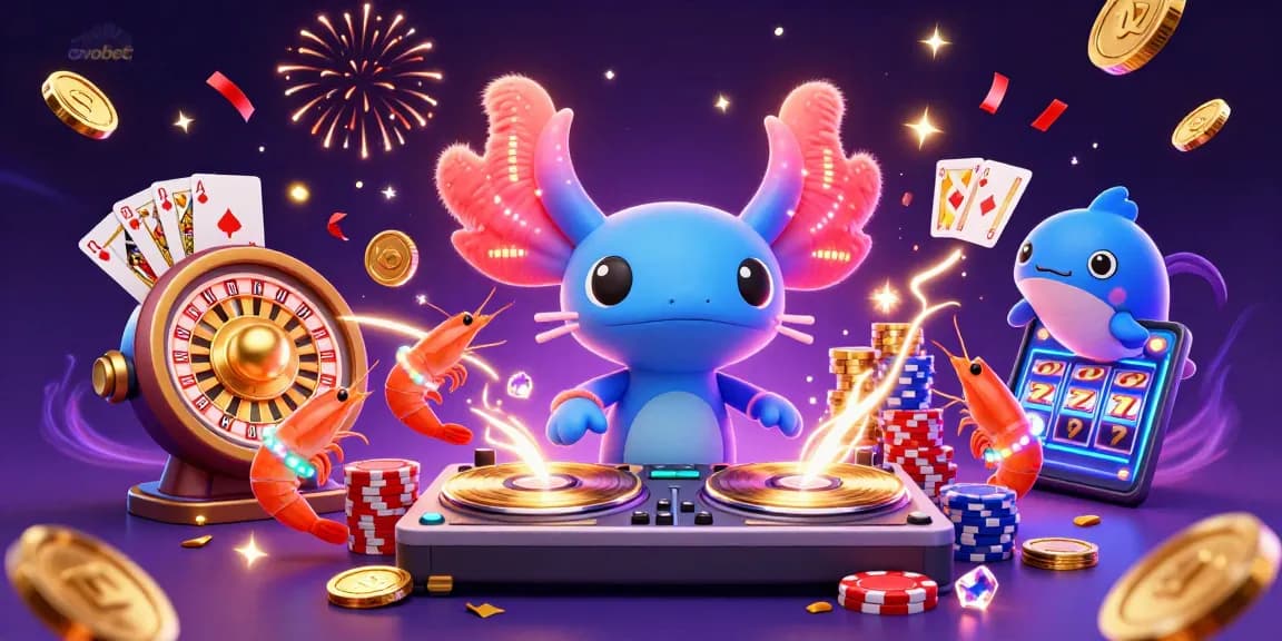 Halaman permainan ovobet yang menunjukkan DJ axolotl neon, simbol keberuntungan, dan koin emas.