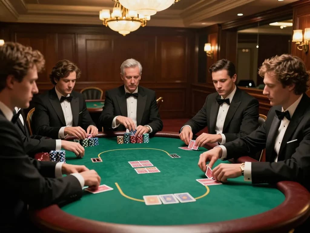 Engaged players strategizing at a luxurious poker table, fly 88 highlighting high-stakes gameplay.