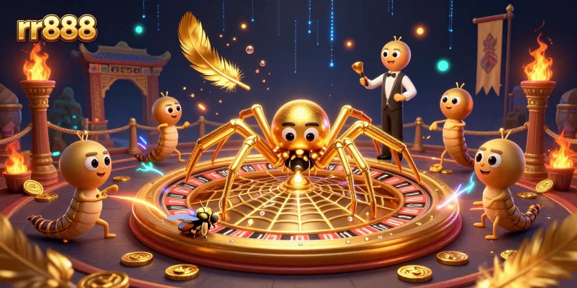Place bets confidently at the rr888 roulette wheel, featuring an engaging golden spider and centipede croupier.