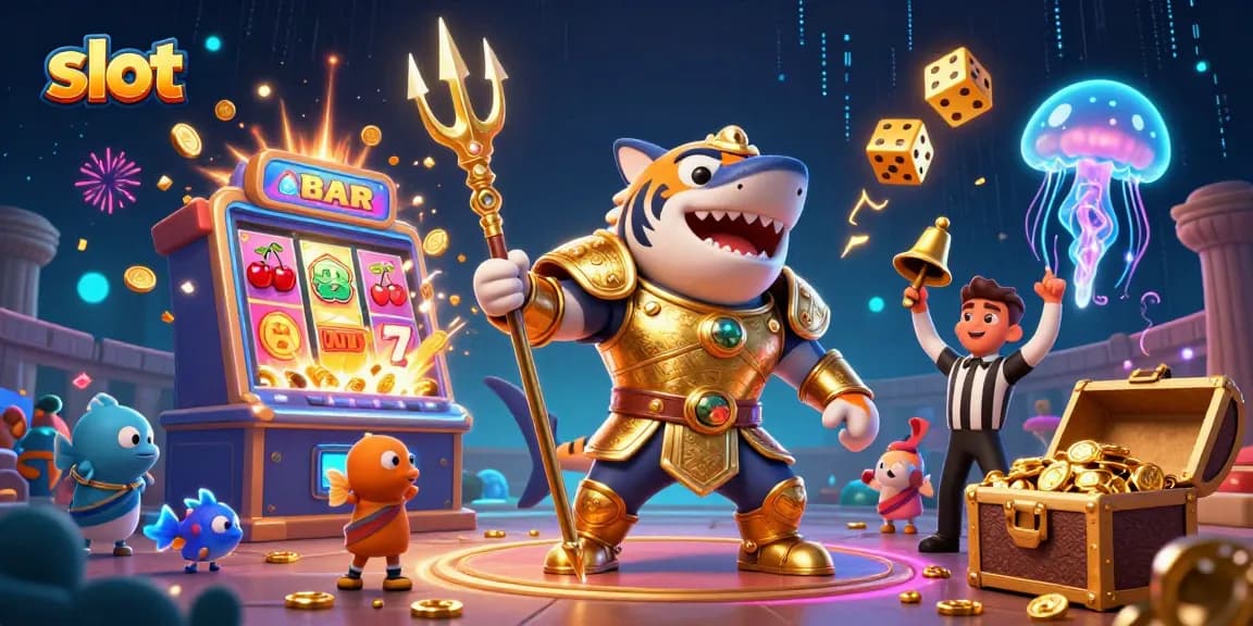Slot yang seru dalam ilustrasi kasino 3D dengan simbol kemenangan dan karakter unik.