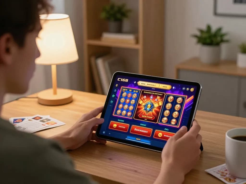 C168 player enjoying online casino games on tablet in cozy home setting