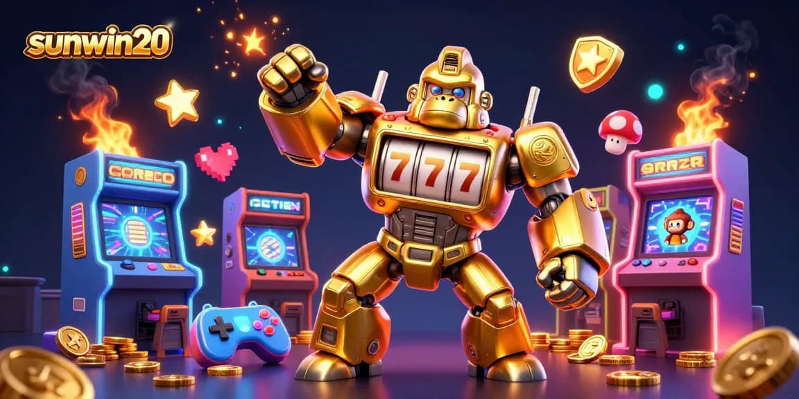 Experience thrilling gameplay with sunwin20's dynamic casino scene featuring a golden gorilla mech and slot machine elements.