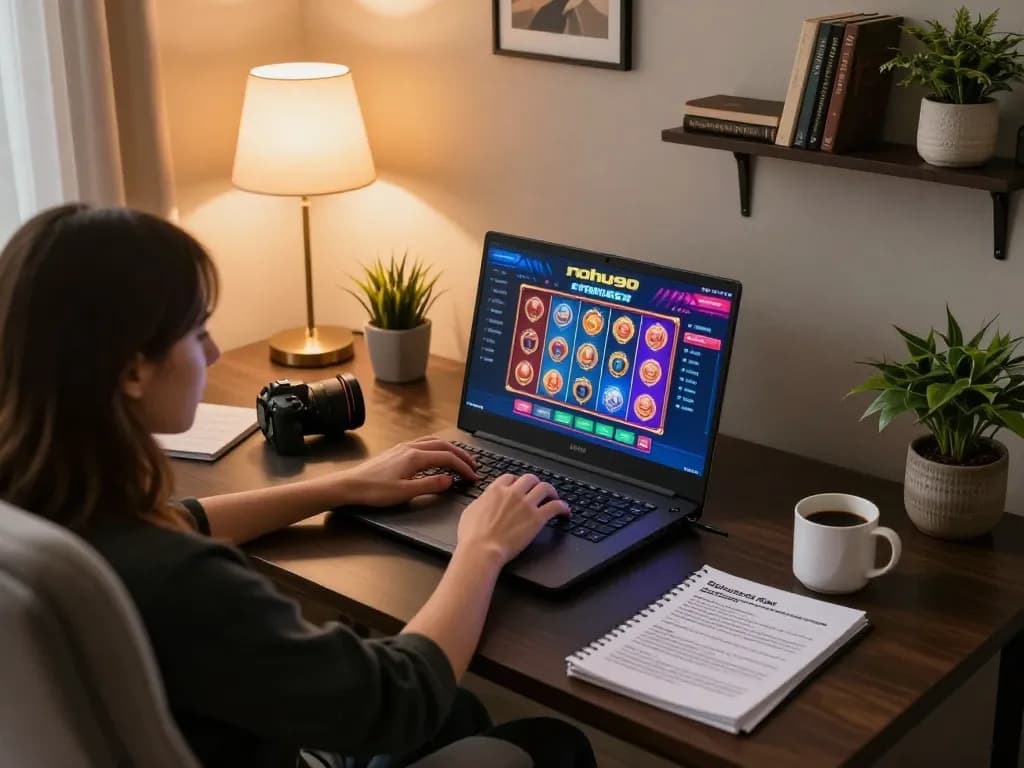 Engaging with nohu90 online slots at a cozy gaming setup, highlighting responsible gaming.
