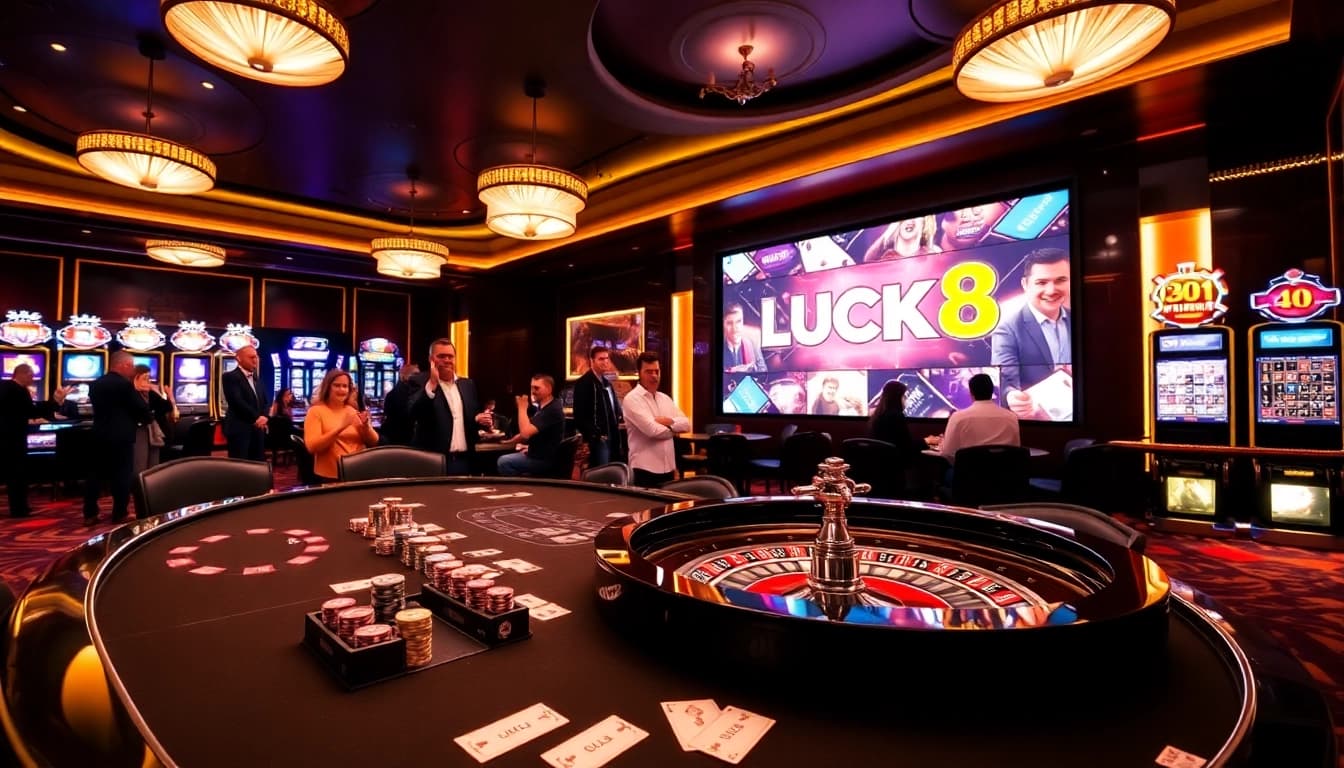 LUCK8 players engaging at a lively casino table surrounded by vibrant gambling elements.
