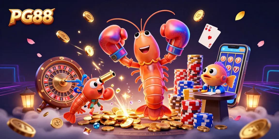 Experience thrilling gameplay at PG88 with a vibrant casino scene of cartoon shrimps and sparkling jackpots.