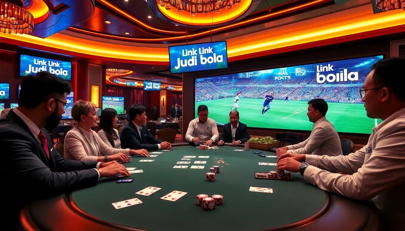 Engaging players utilizing the Link Judi Bola in a luxurious poker setting with vibrant casino elements.