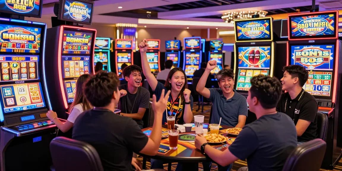 Experience the excitement of Bonus Buy slots at https://bbsfieldguide.org.uk/ with players celebrating wins in a vibrant casino atmosphere.