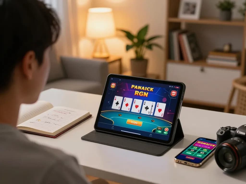 Engaging in fun Canada online casinos on tablet, surrounded by strategy notes, showing responsible gaming.
