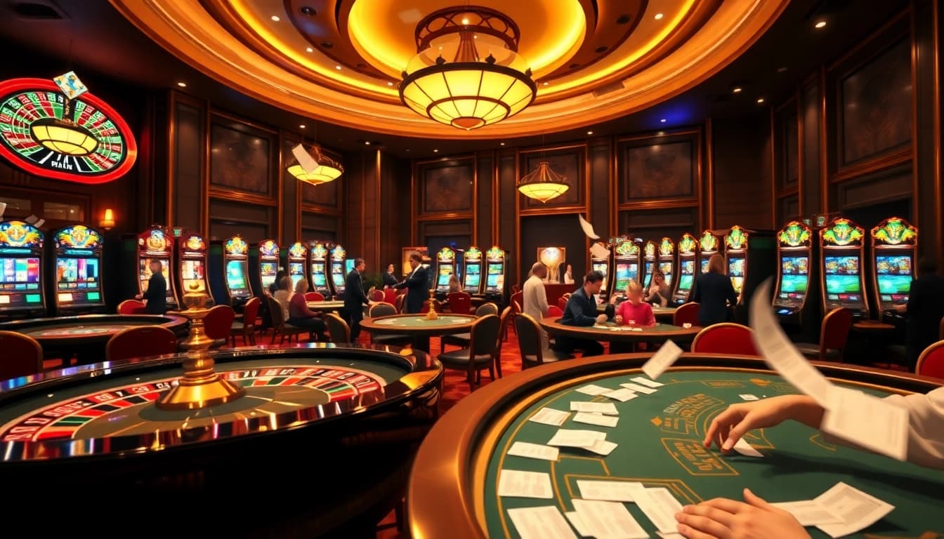 Players strategically betting at a luxurious casino featuring MB66-themed tables and games.