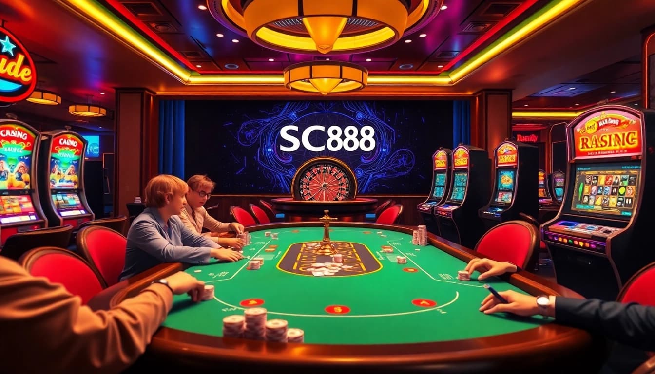 Players enjoying a thrilling SC88 casino experience at a vibrant poker table with colorful chips.