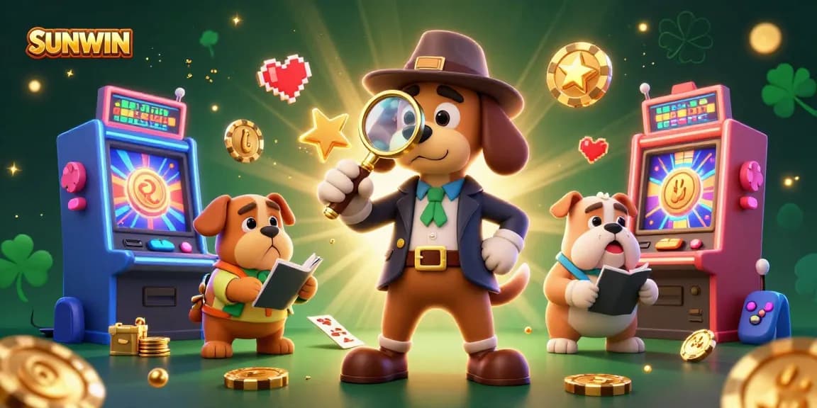 Experience winning moments at SUNWIN with a cartoon detective revealing treasure clues amid vibrant casino elements.