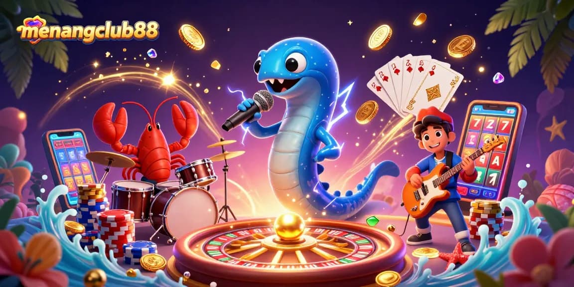 Catch the excitement at menangclub88 with a vibrant underwater casino scene featuring an electric eel DJ, lobster drummer, and seahorse guitarist.