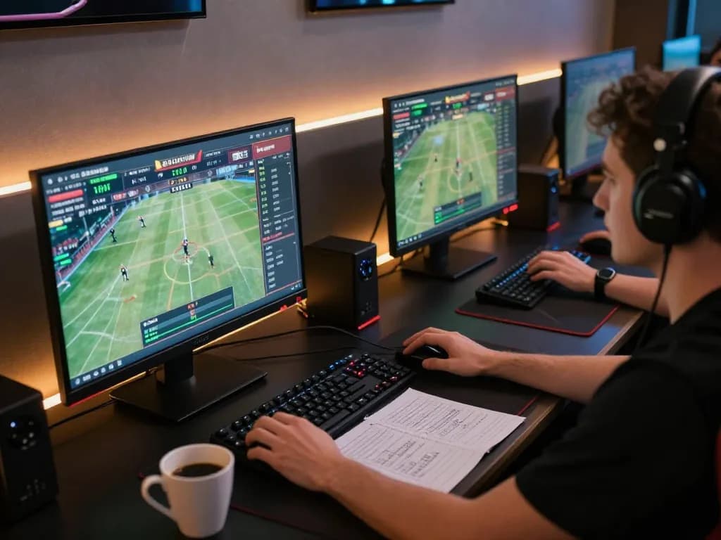 Engaged gamer analyzing bets on jun88pl, showcasing an expert online betting setup.