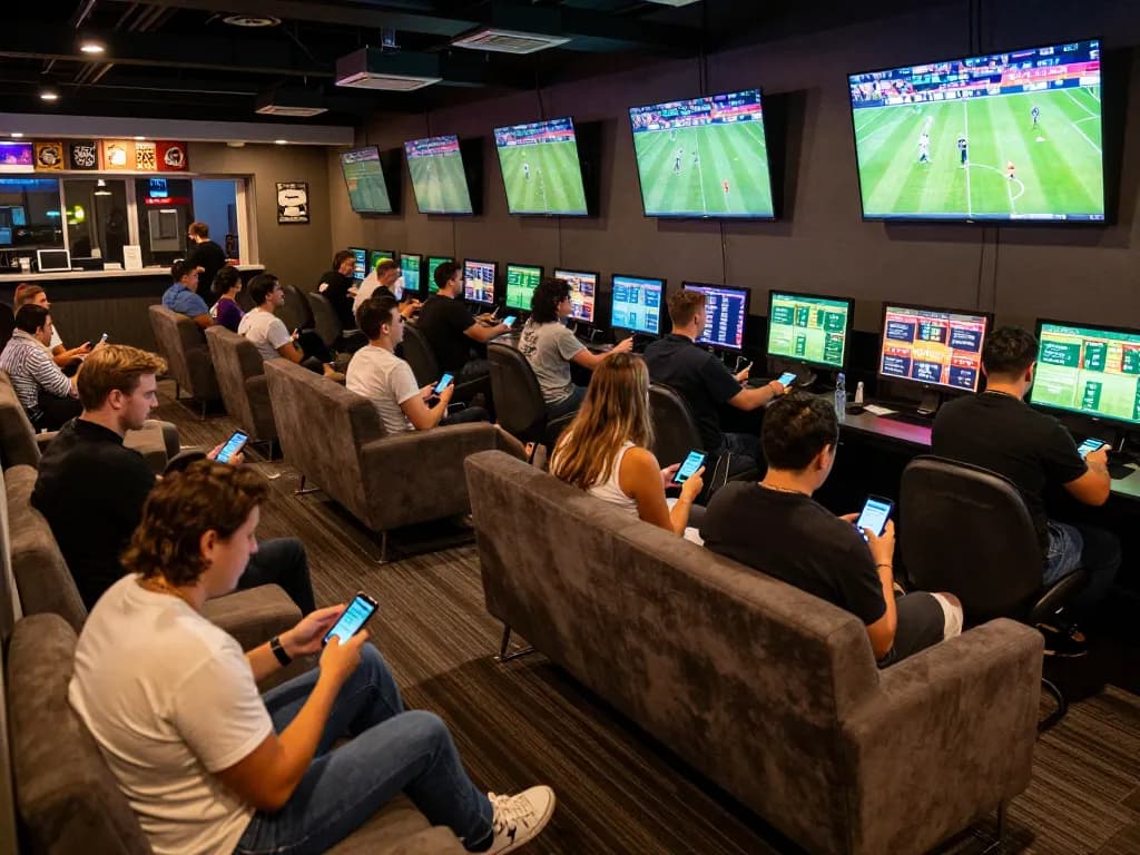 Engaged bettors placing bets on lucky88i in a lively sports betting lounge