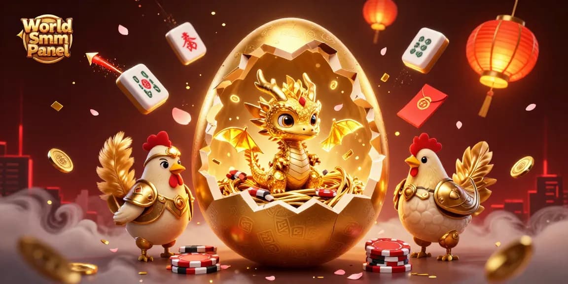 Enhance your engagement with the World Smm Panel featuring a baby dragon born from a golden egg amidst poker chips.