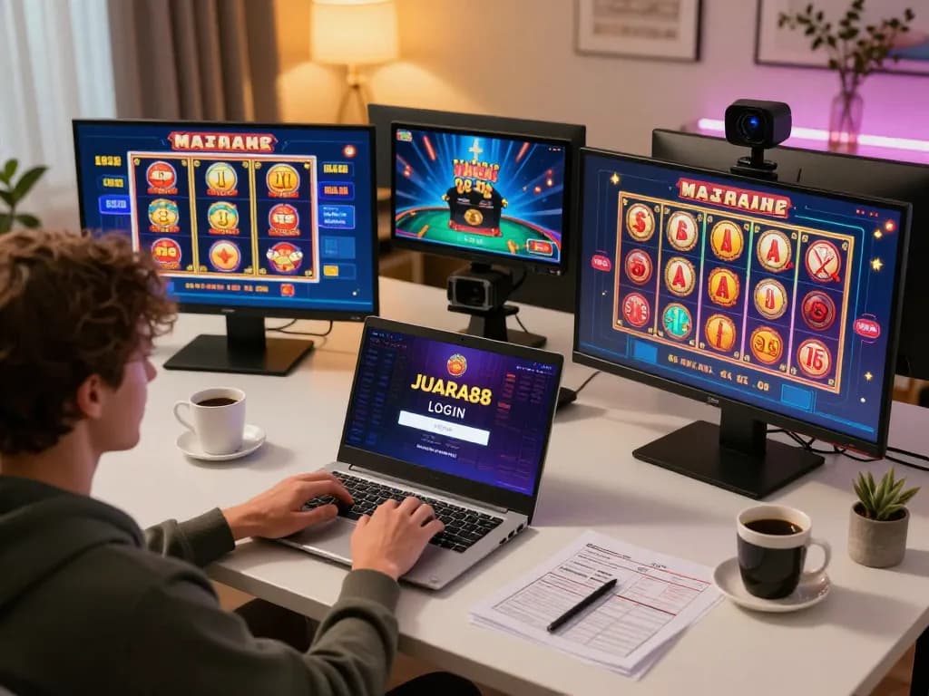Engaging gamer performing JUARA88 LOGIN on laptop, with casino games on multiple screens.