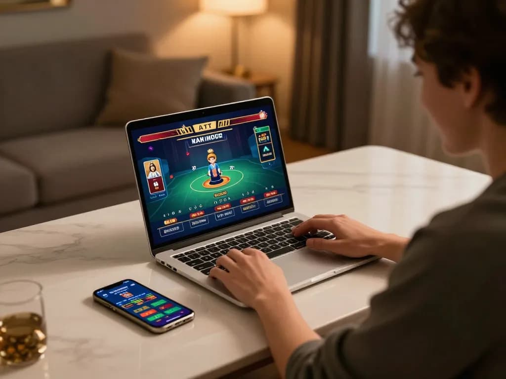 Engaging in online gambling at Luckywin with live dealer game on laptop, creating a comfortable gaming atmosphere.