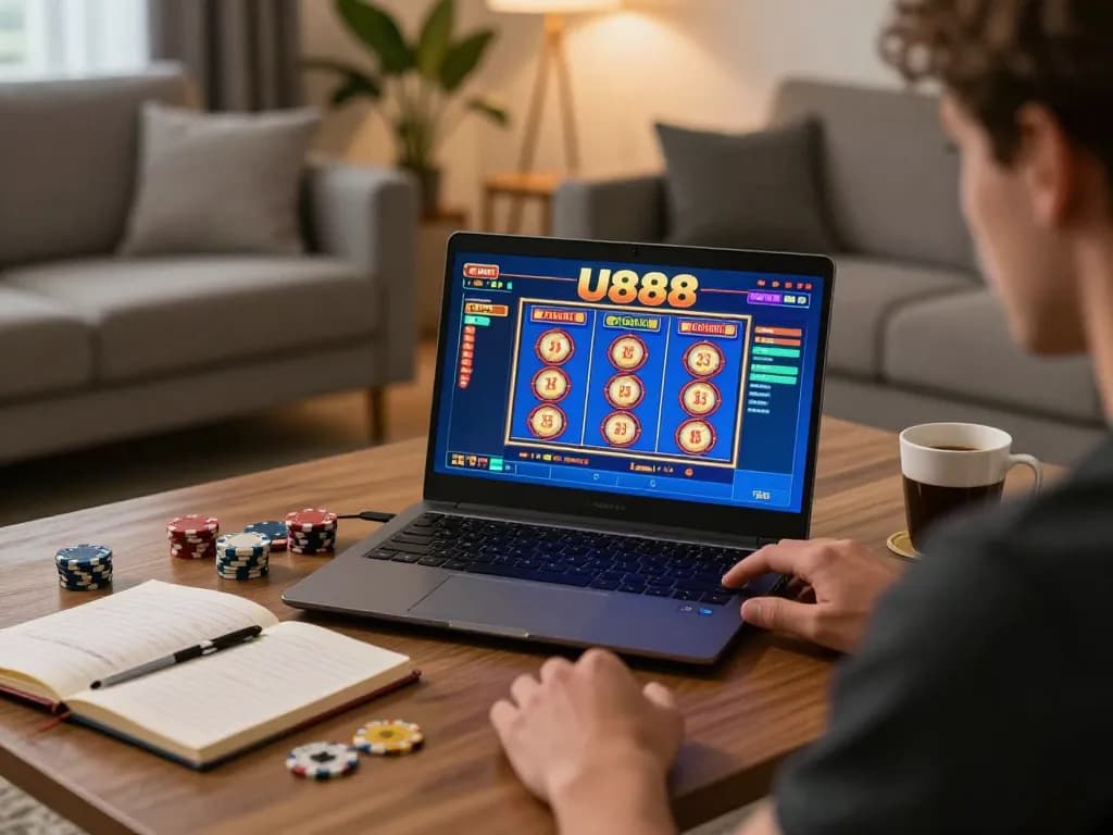 Player enjoying a thrilling U888 slot game while engaging in betting strategy at home.