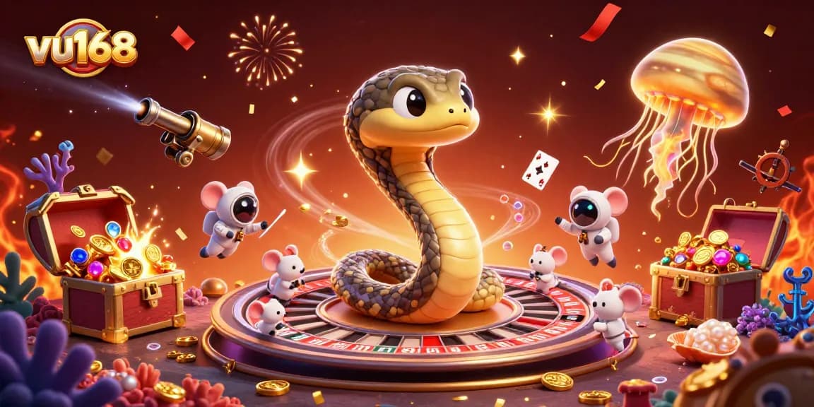 Place bets on roulette rings with the animated vu168 characters in an engaging casino scene.