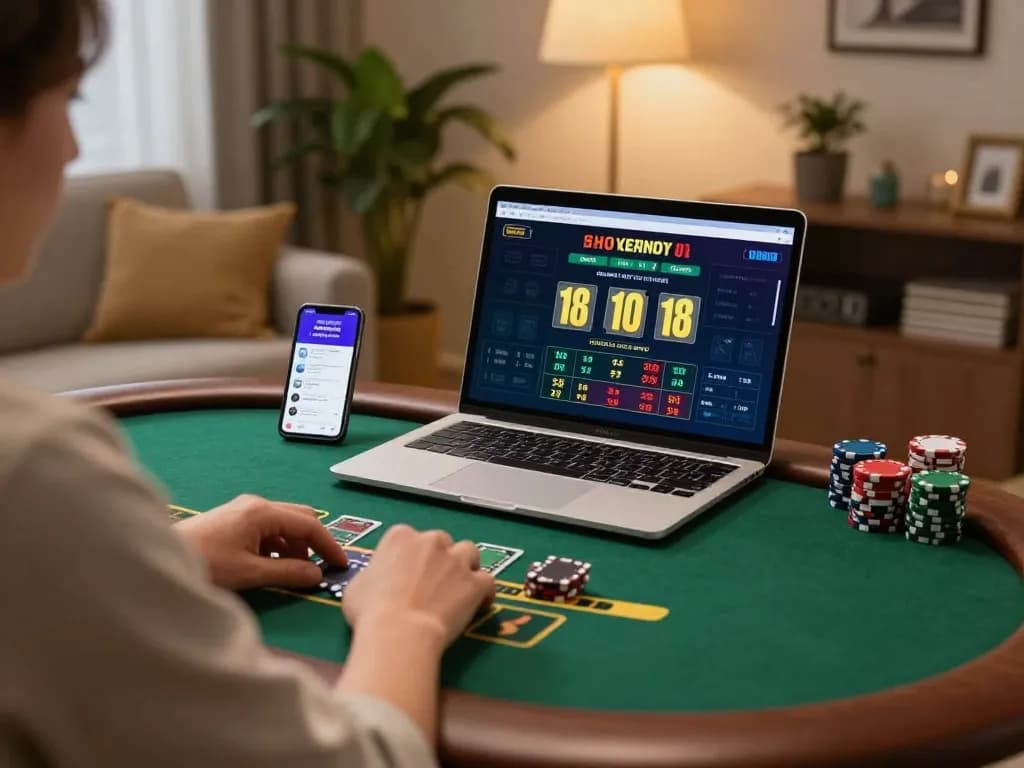 Player enjoying live dealer blackjack on RR88 at home in a cozy setting with a warm atmosphere.