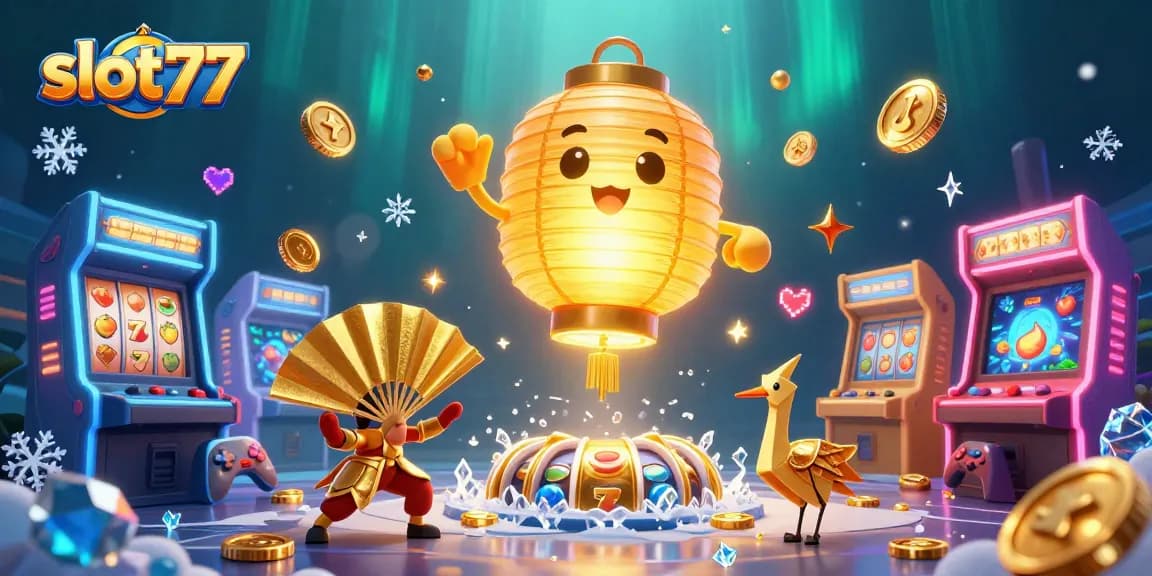 Play exciting slot77 games surrounded by vibrant casino elements and golden lantern spirit in a colorful scene.