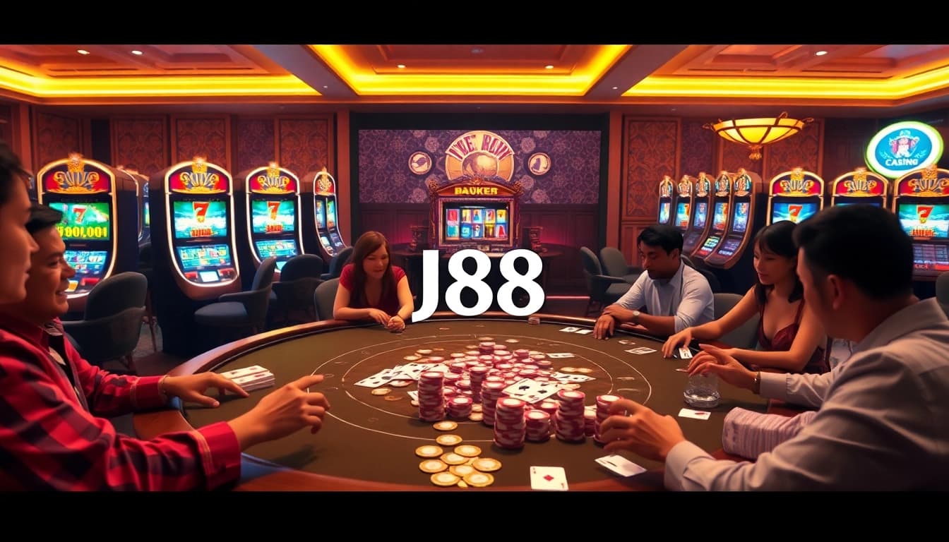 Experience the excitement of J88 with vibrant casino action at a luxurious poker table.