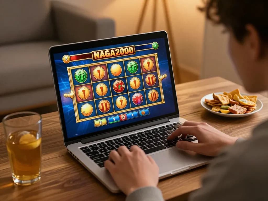 NAGA2000 player experiencing an exciting online slot game in a cozy home setting with snacks.