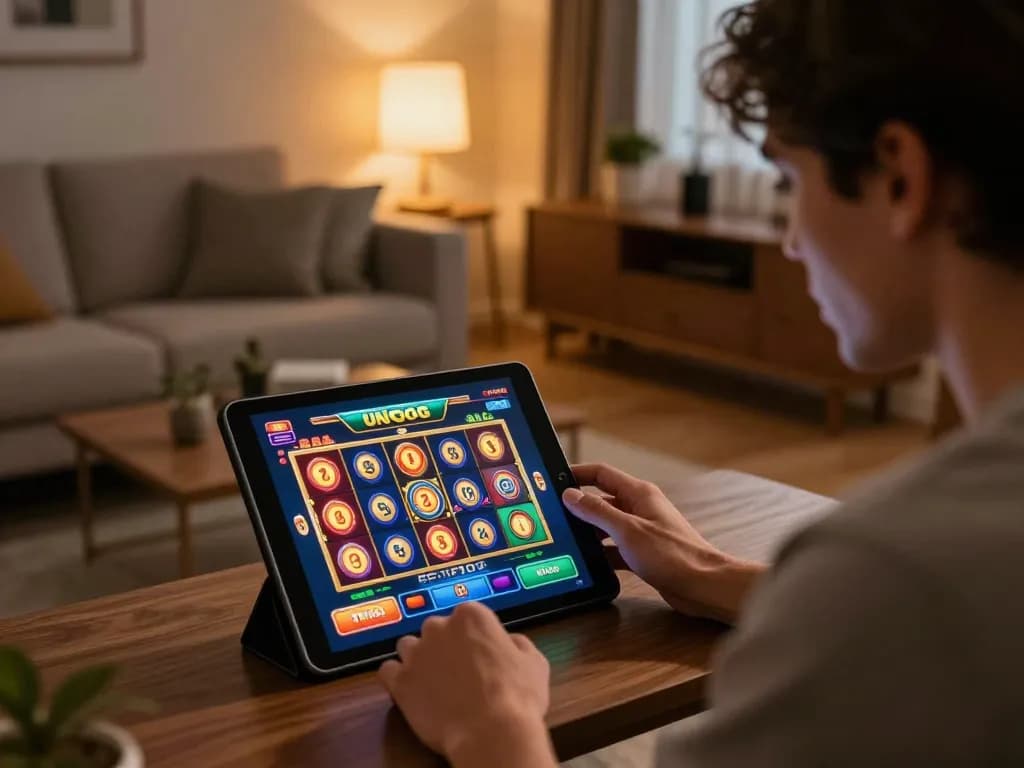 Engaged player enjoying the unogg slot experience on a tablet in a cozy home setup.
