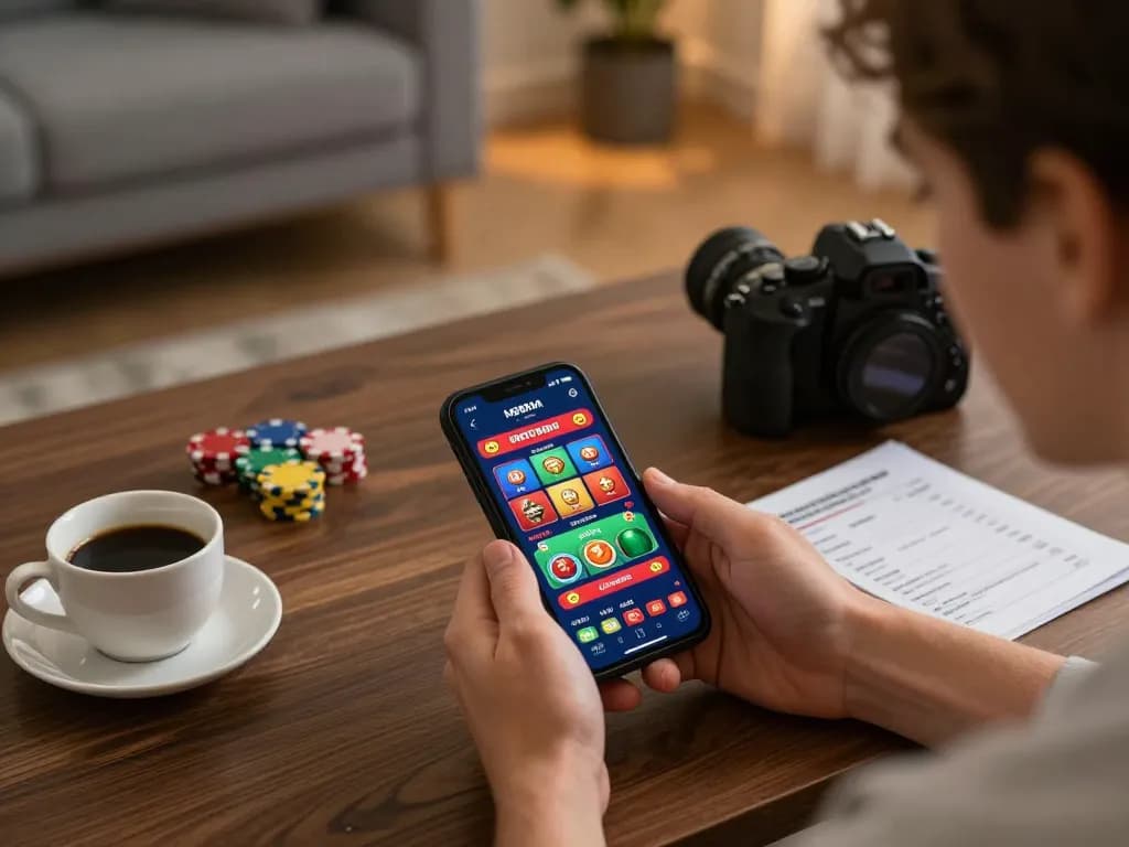 Player engaging with kqbd sports betting app on smartphone in cozy home setting, highlighting strategic gameplay.