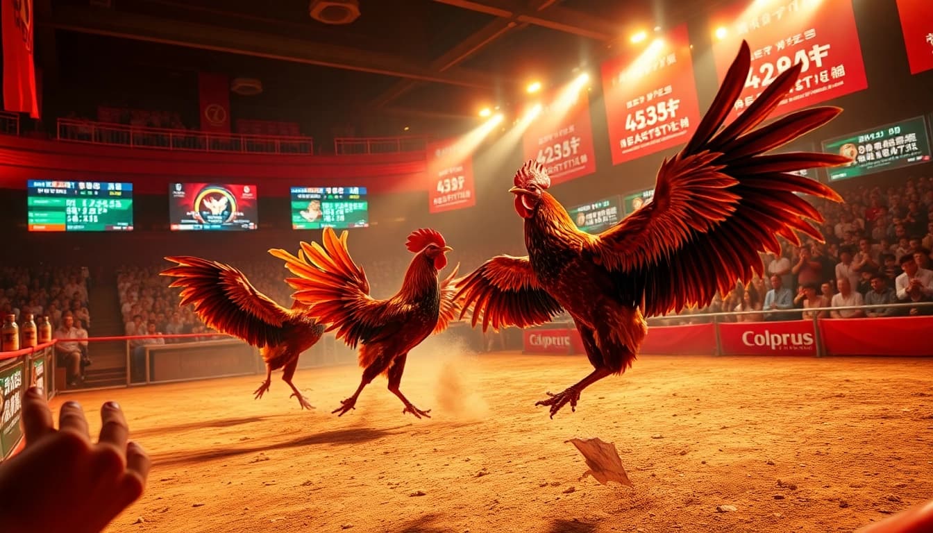 High-energy scene of dagatructiep 1 cockfighting matches showcasing live action with vibrant colors.