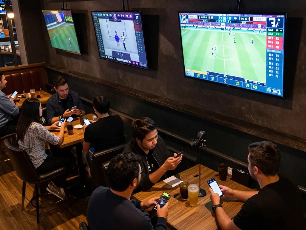 Excited bettors using LV88 app in a contemporary sports bar environment.