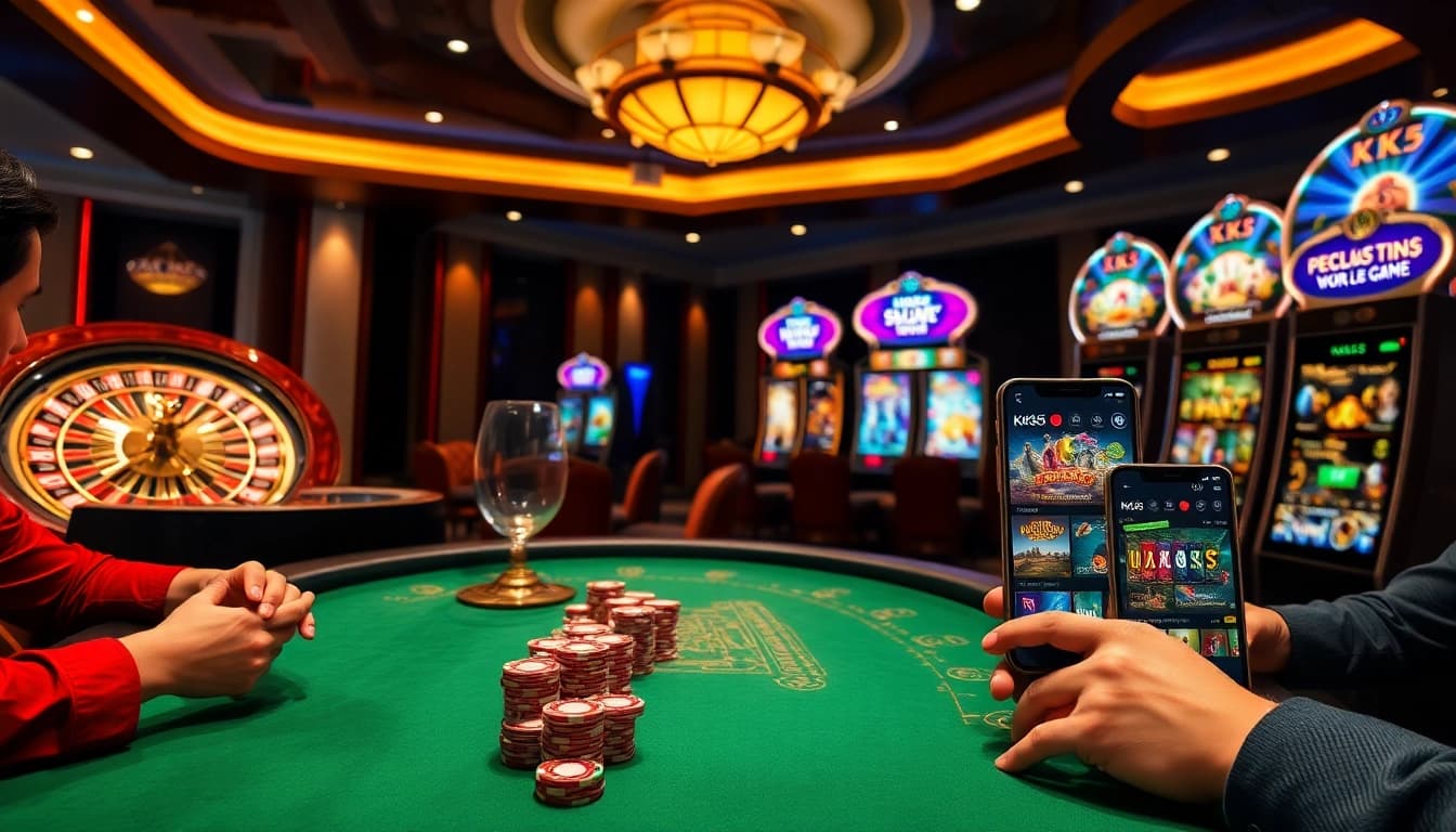 Engaging gamblers at nhà cái KK55 with a vibrant casino scene featuring poker chips and a roulette wheel.