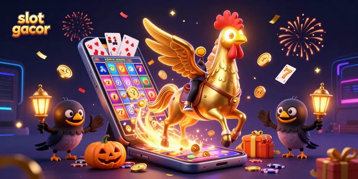 Spin winning reels at slot gacor with a golden rooster and festive casino atmosphere.