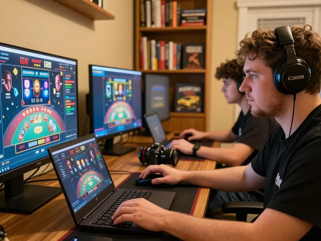 mm88 player strategizing online casino bets in a cozy home gaming space