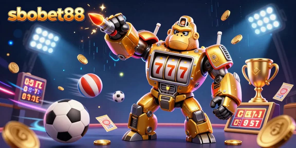 Experience sbobet88 with this vibrant 3D casino-meets-sports illustration showcasing winning elements!