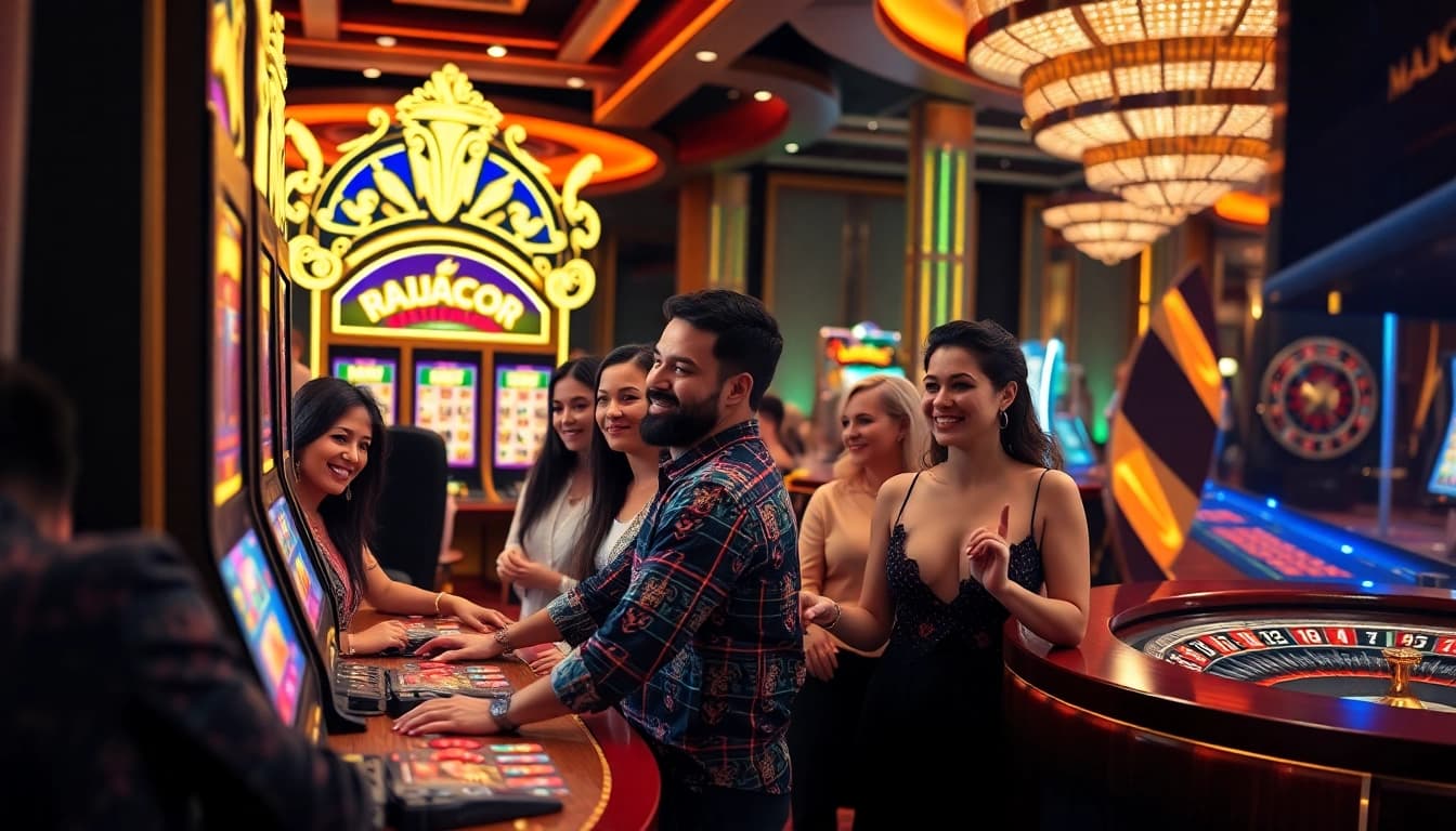 RAJAGACOR slot machine attracting players with vibrant colors and excitement in a luxury casino setting.