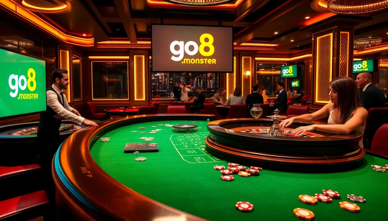 Experience the excitement of go8.monster with vibrant casino action at an upscale gambling table.