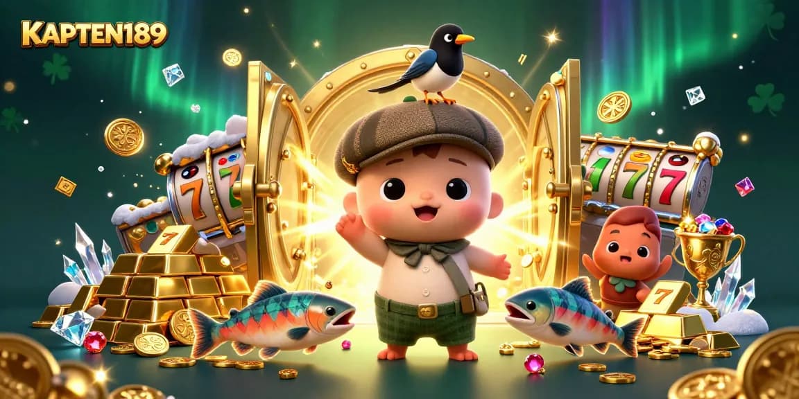 KAPTEN189 menampilkan kekayaan slot online dengan karakter lucu dan simbol keberuntungan.