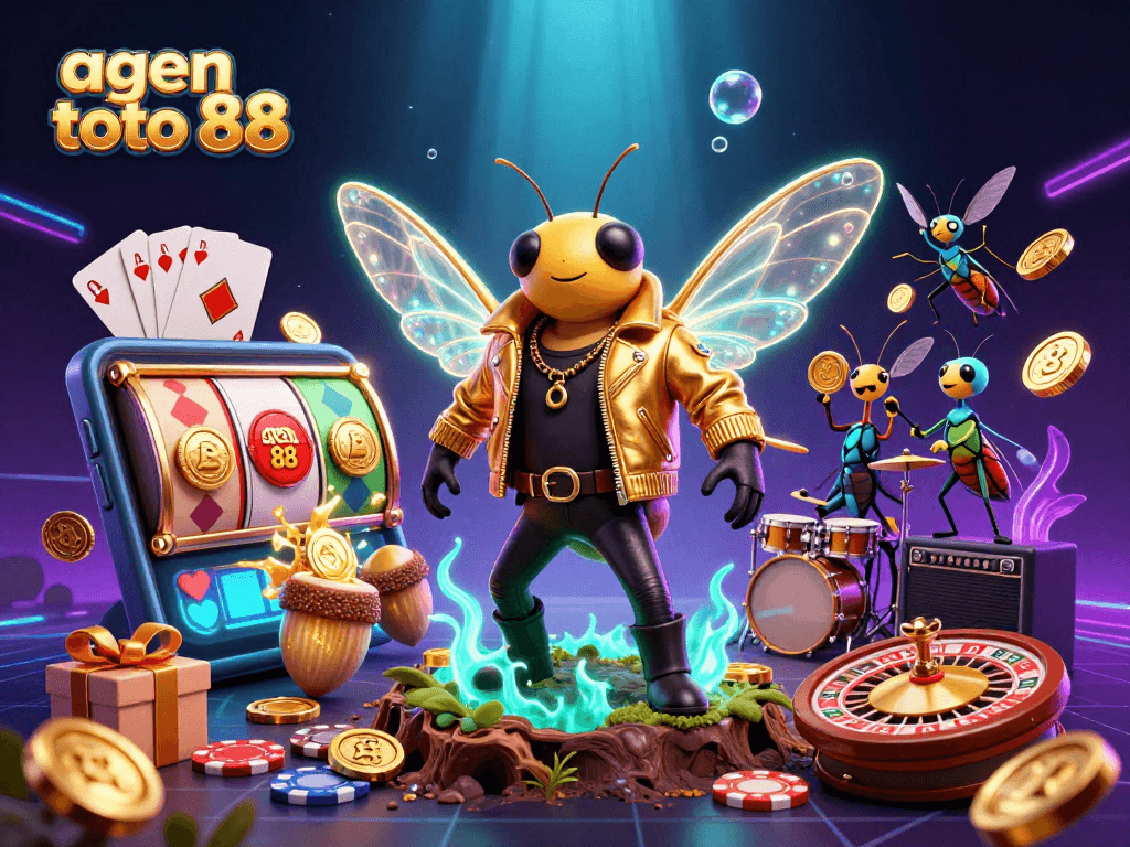 A vibrant illustration showcasing the "agen toto 88" theme with animated casino elements, illustrating excitement and action for gamers.