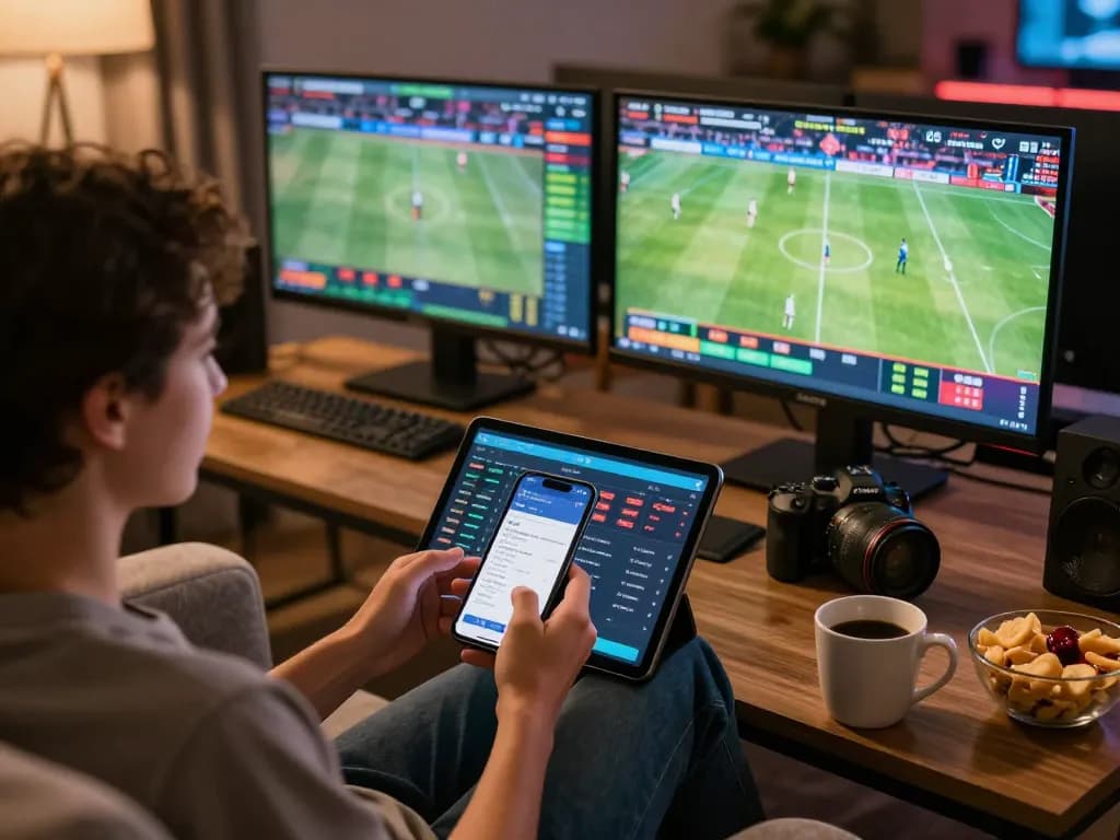 Sitting comfortably while engaging in soi kèo sports betting via smartphone and tablet in a warm setting.