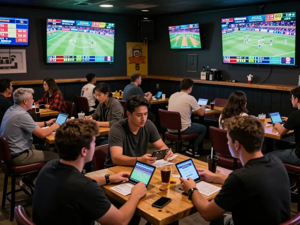 In a lively sports bar, patrons enthusiastically engage in bk8 sports betting while following live games on big screens.
