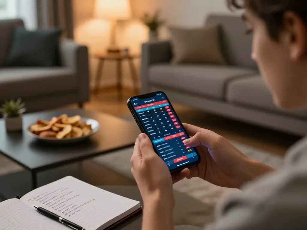 Soi Kèo sports betting on smartphone with live odds and match updates in a cozy setting