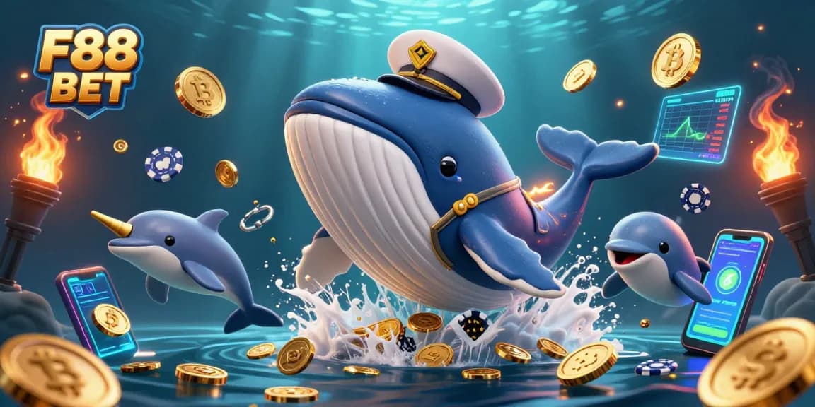 Playful dolphins and a captain whale navigate winnings in the vibrant sea of F88 BET coins.