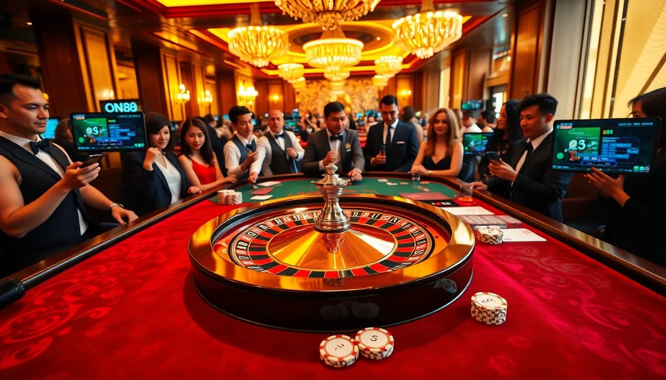 The excitement of players engaging with the rr 88 platform at a luxurious casino table.
