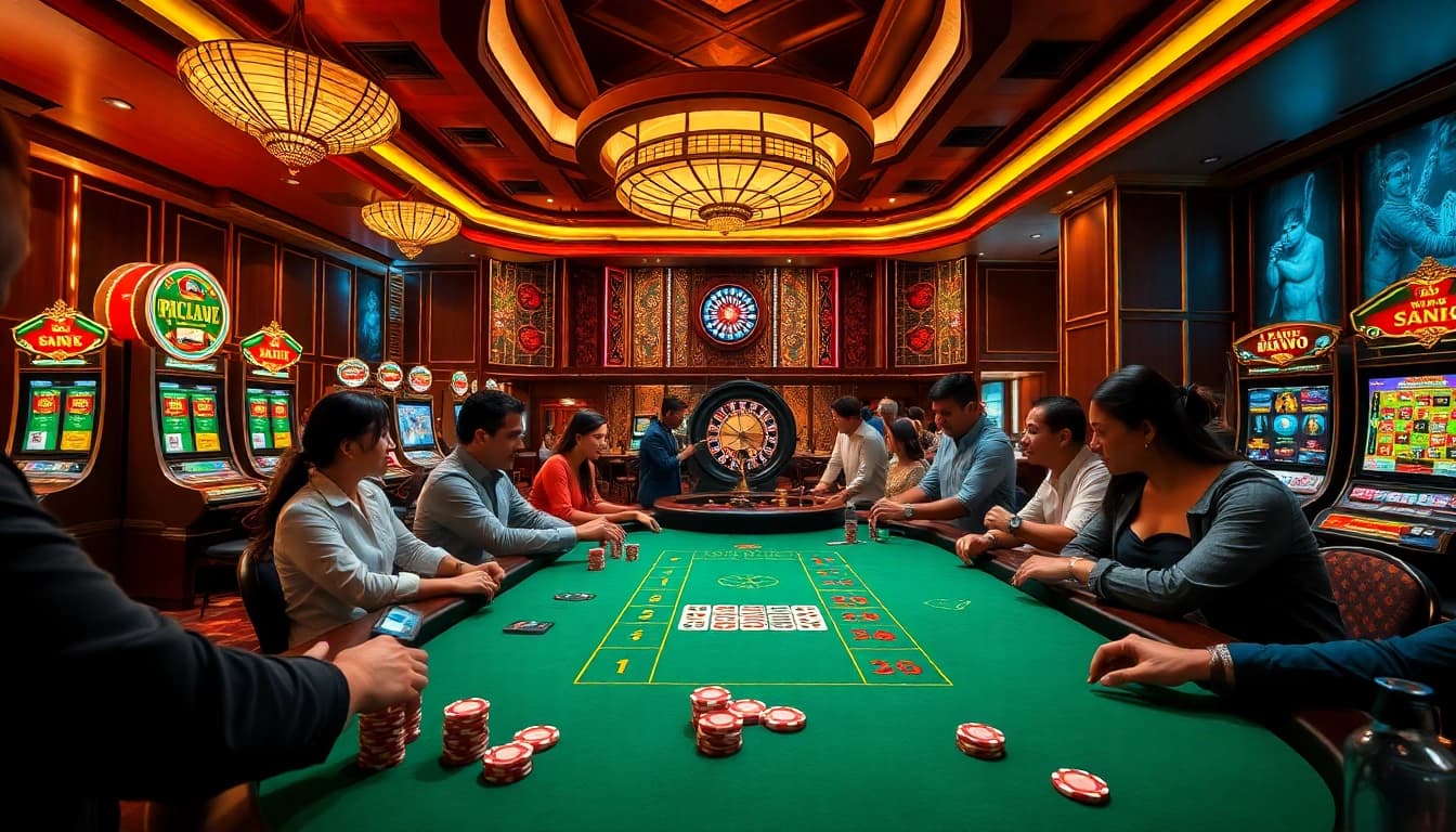 Engaged players at Nhà cái G28 enjoying the vibrant casino ambiance with poker chips and slot machines.