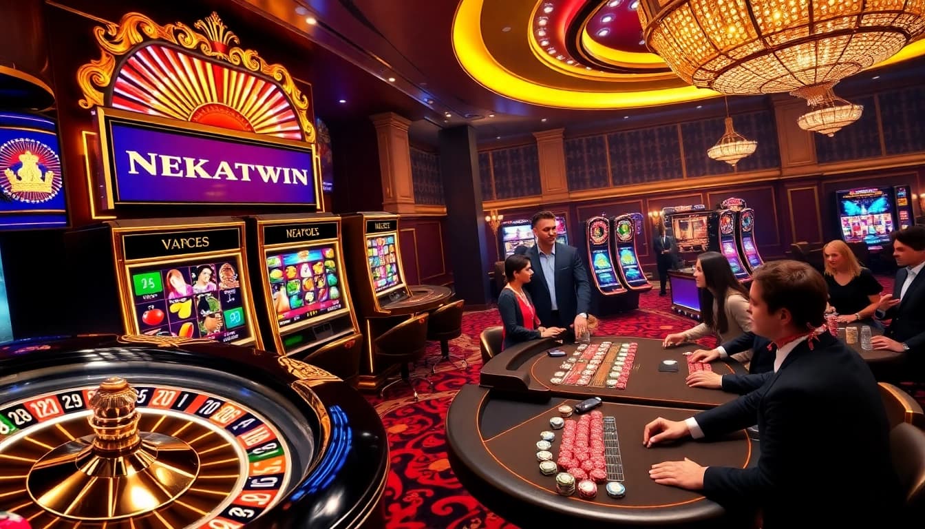 Nekatwin showcases an exciting online gaming scene with vibrant slot machines and poker tables.