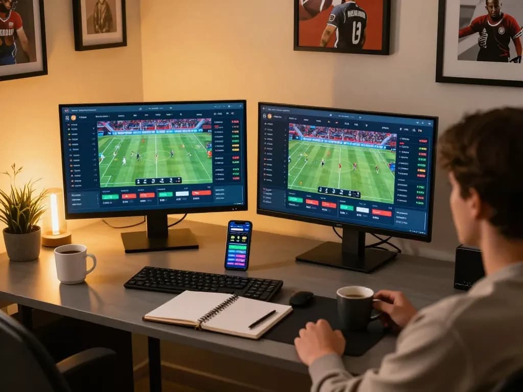 Person engaging in live betting on trangcacuocbongda from a modern home office setup, focused on sports odds.