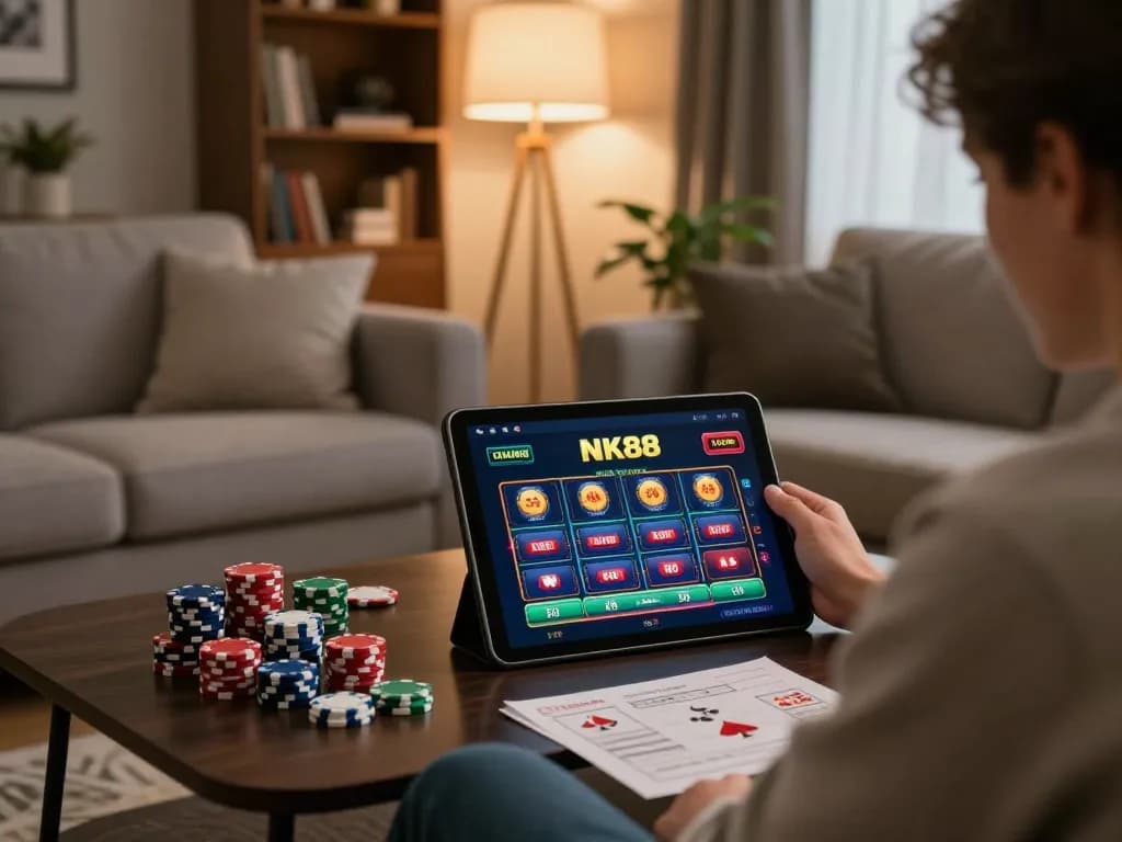 Engaging in NK88 online casino gaming on a tablet while relaxing in a stylish living room.