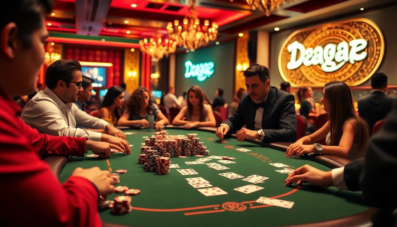 Daga players engaging in a thrilling poker game at a luxurious casino table.